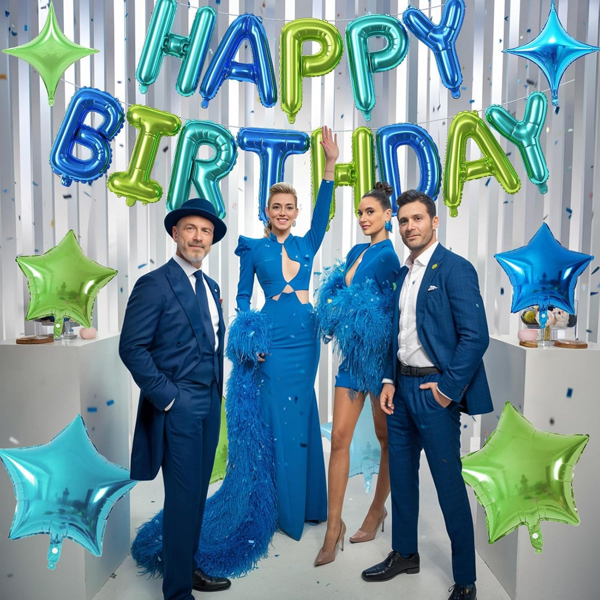 Happy Birthday Balloon Banner Blue Green, 16 Inch Mylar Foil Letter Balloons, Reusable Birthday