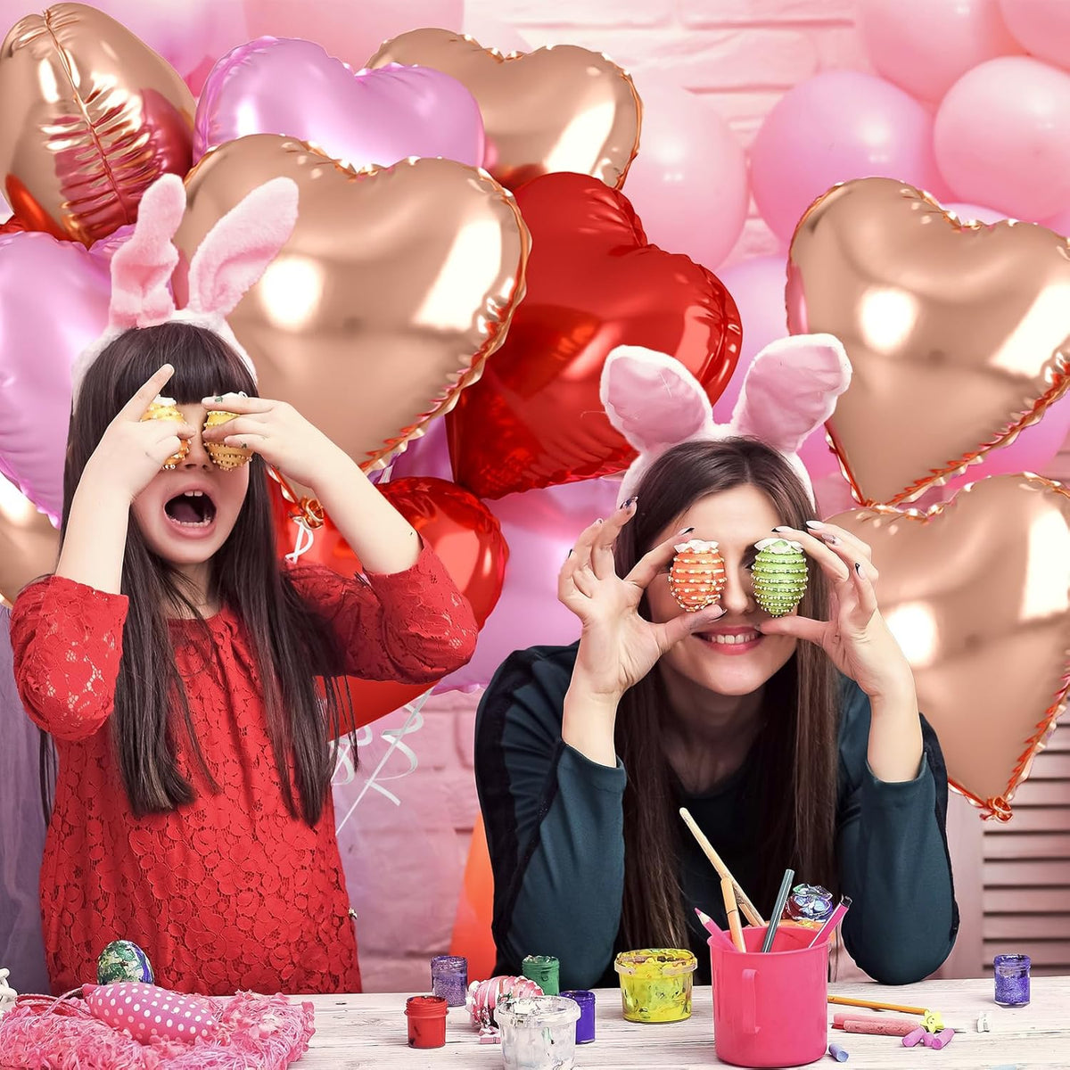 Rose Gold & Pink Heart Balloons - 10 Pcs 18 Inch Foil Heart Shaped Balloons for Girls Women - Red