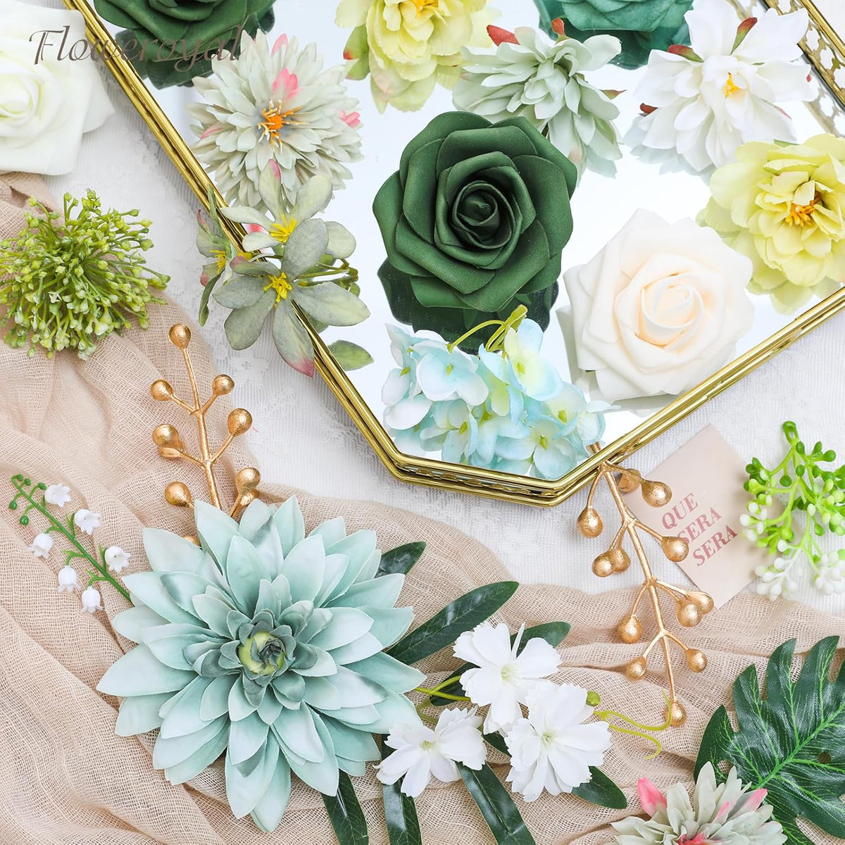 Floweroyal Artificial Flowers Combo Green Flowers Mix Silk Flowers Dahlia Roses with Stems for DIY