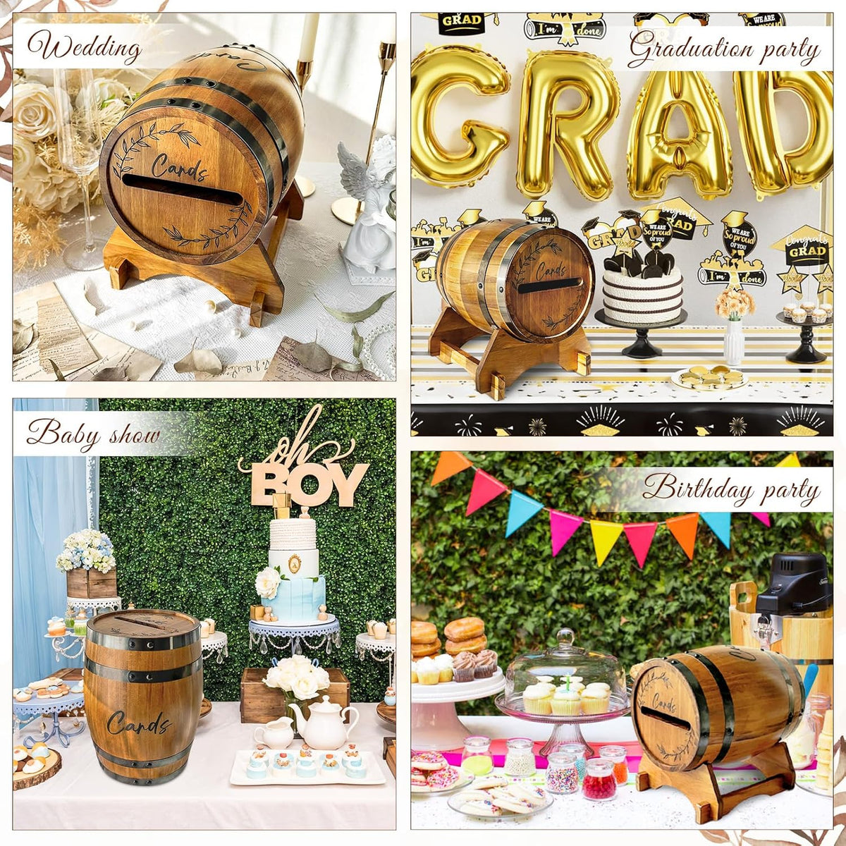 OurWarm Wooden Wedding Card Box for Party with Base, Brown Whiskey Barrel Gift Card Box Holder for