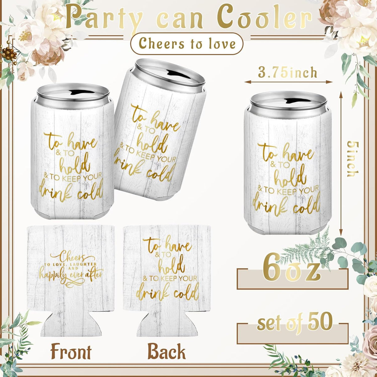50 Pieces Wood Grain Wedding Can Cooler Sleeves Bulk Engagement Party Favors for Guests Cheers to