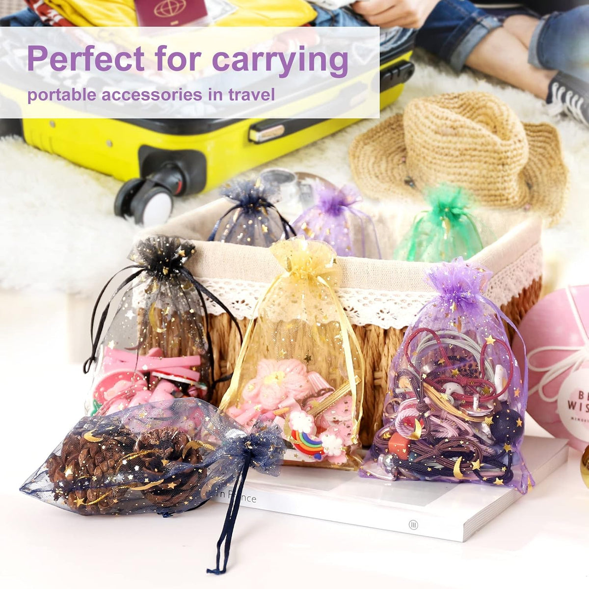 100PCS Moon Star Organza Bags, 4x6" Wedding Favors Bags with Drawstring, Mixed Color Little Mesh