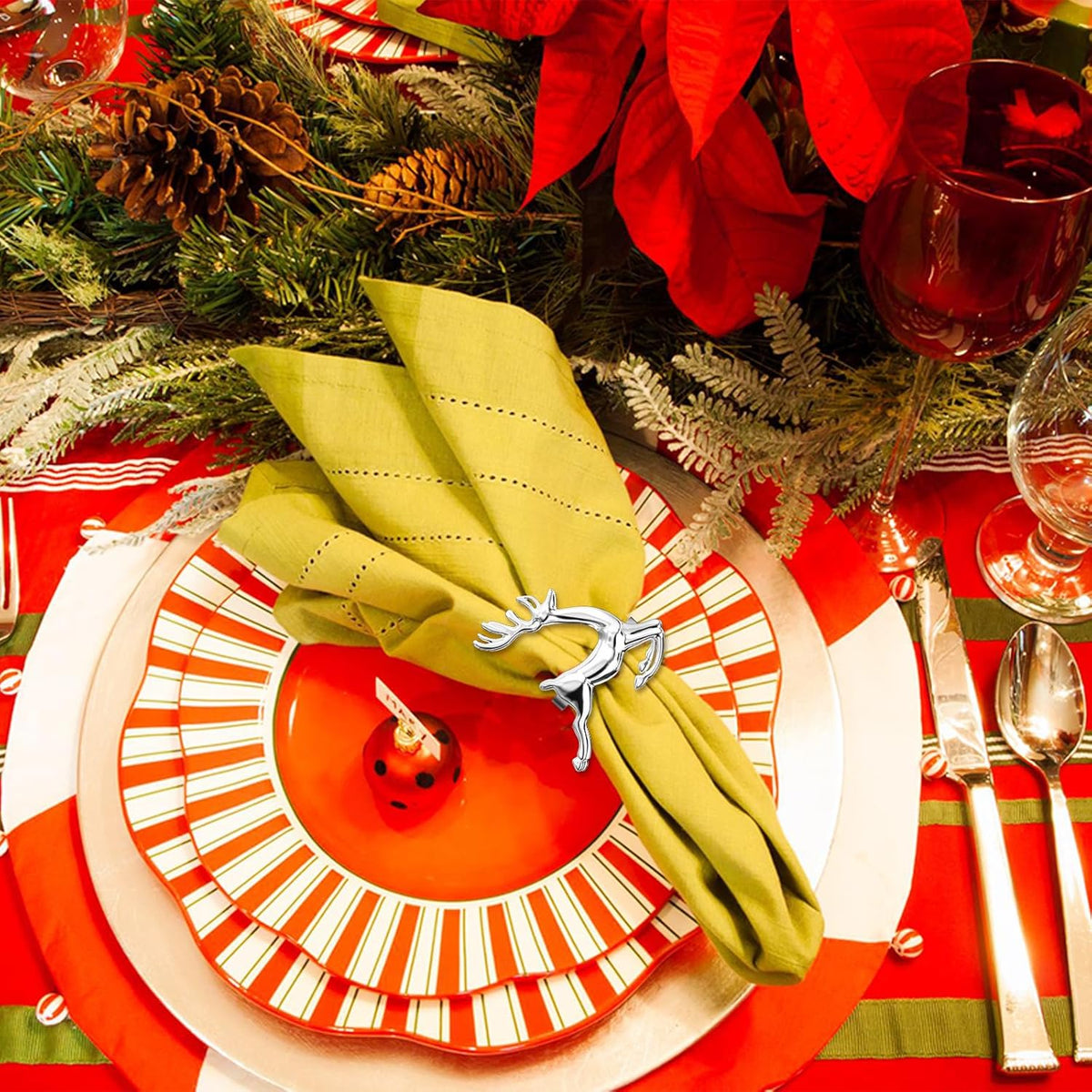 ZeeDix Silver Reindeer Christmas Napkin Rings Set of 24, Napkin Holder Ring for Christmas Dinner