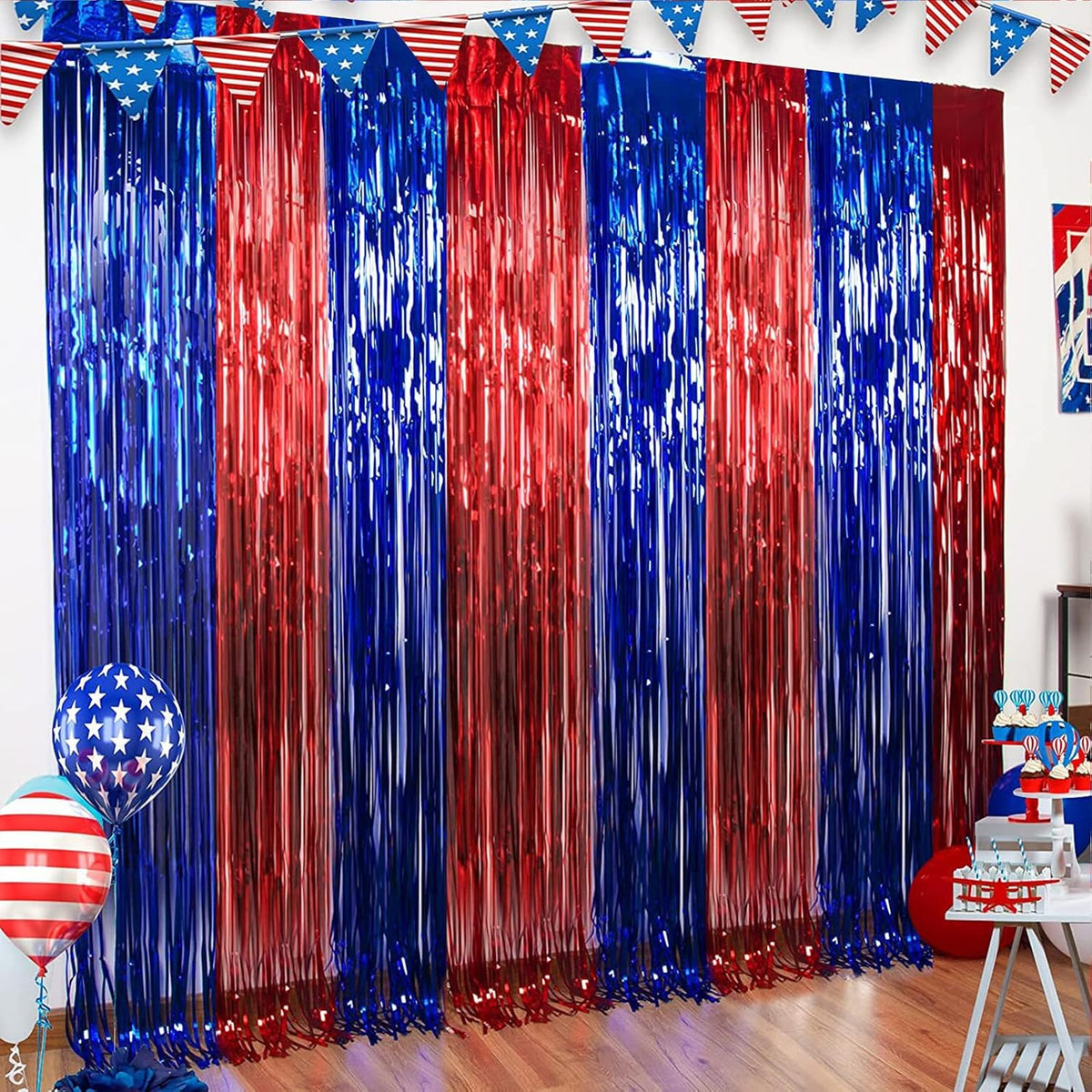 CANREVEL 2 Pack 3.3x8.2 Feet Blue and Red Foil Fringe Backdrop Curtains, Tinsel Streamers Birthday