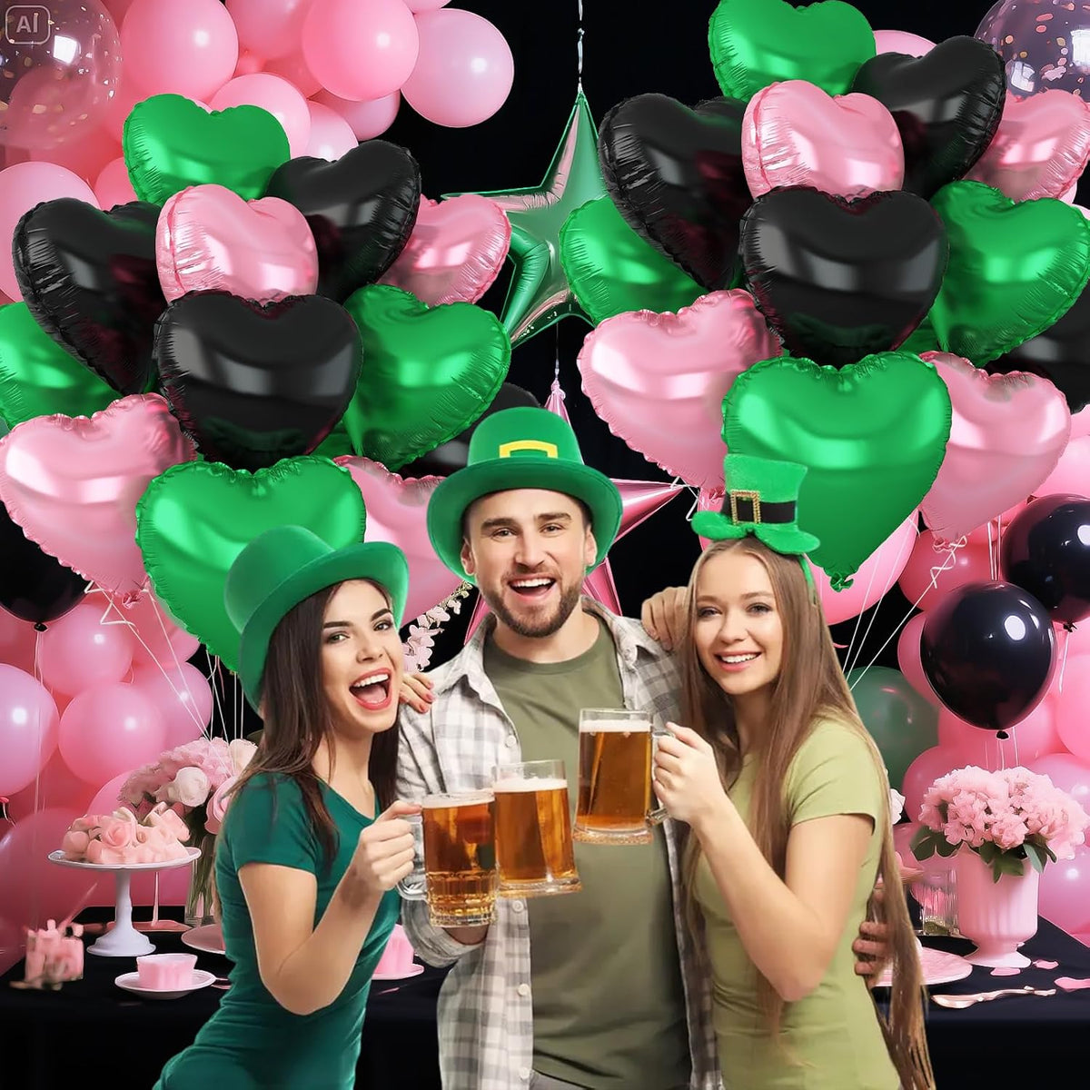 Black Green Pink Heart Balloons,12Pcs 18Inch Pink Green Heart Shaped Foil Helium Balloons for Baby
