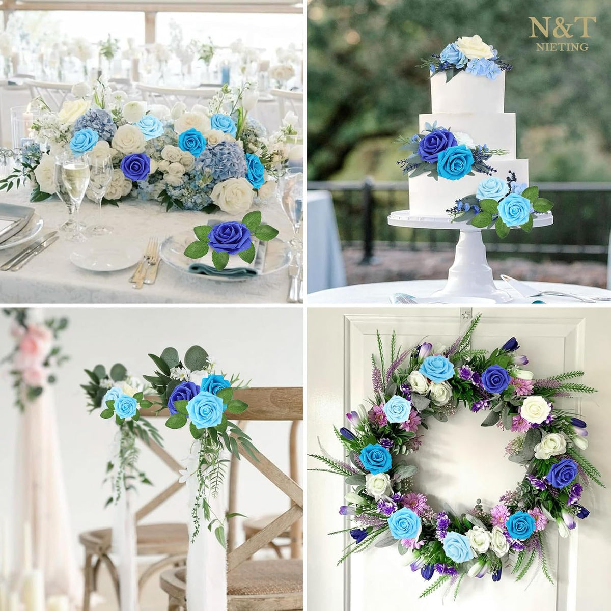 N&T NIETING Blue Roses Artificial Flowers, 25pcs Fake Flowers Rose Perfect for DIY Wedding