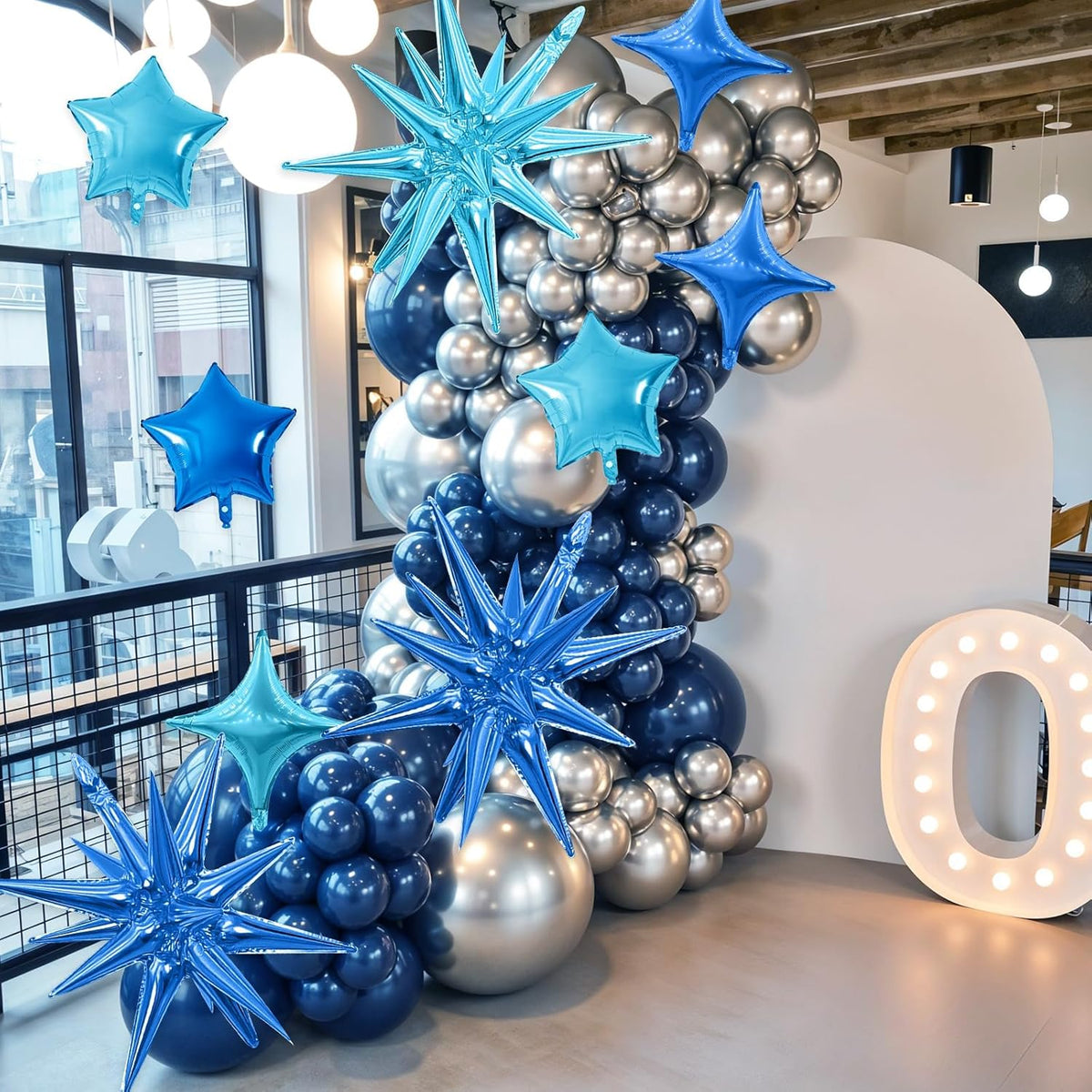 Blue Star Balloon,16Pcs Light Blue Star Foil Balloons Set with 22Inch Explosion Spike Cone Balloons
