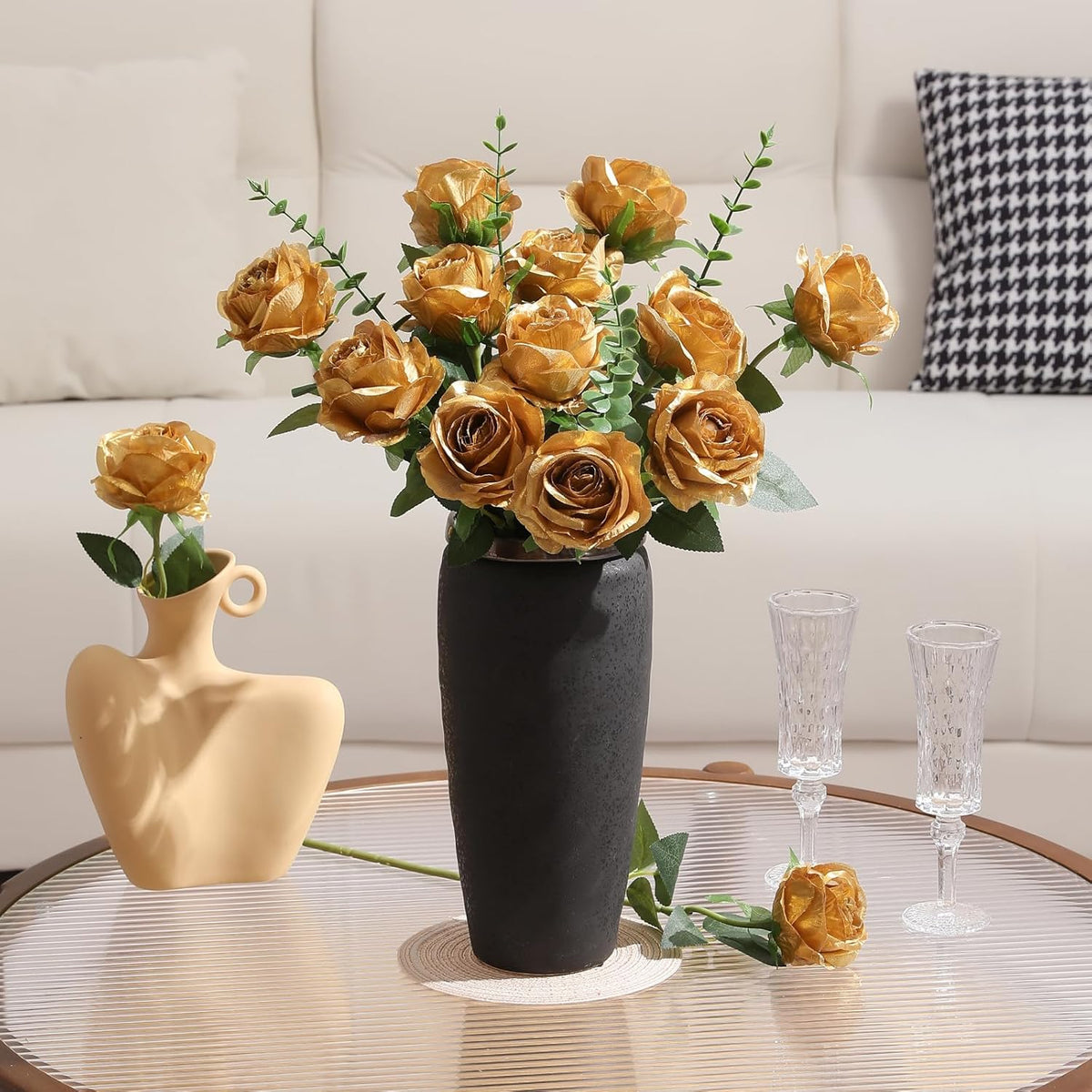 Tifuly Gold Roses Artificial Flowers -12Pcs Realistic Single Long Stem Fake Silk Roses Bouquet for