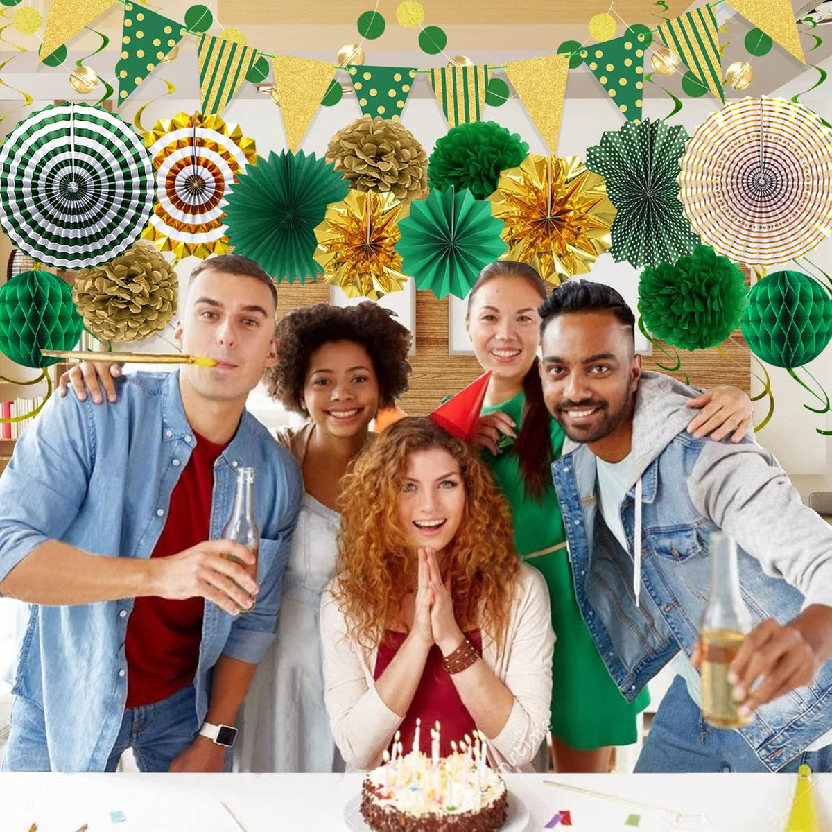 Green Gold Party Decorations Paper Fans, Graduation Season Hanging Glitter Triangle Flags Banner