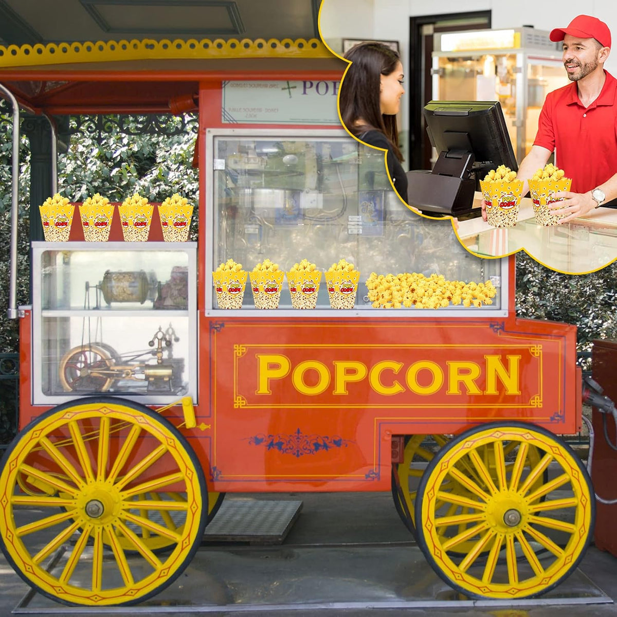 Panelee 100 Pack Popcorn Boxes for Movie Night 24oz Popcorn Disposable Paper Bucket Bags Bulk Snack