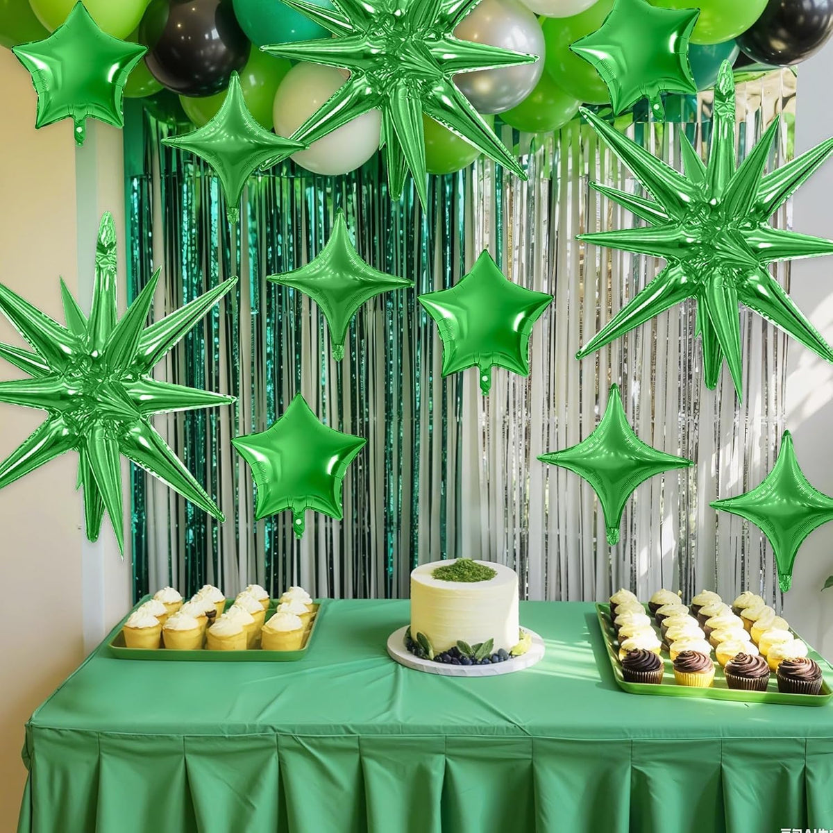 Green Star Balloon,16Pcs Star Foil Balloons Set with 22Inch Explosion Spike Cone Balloons and