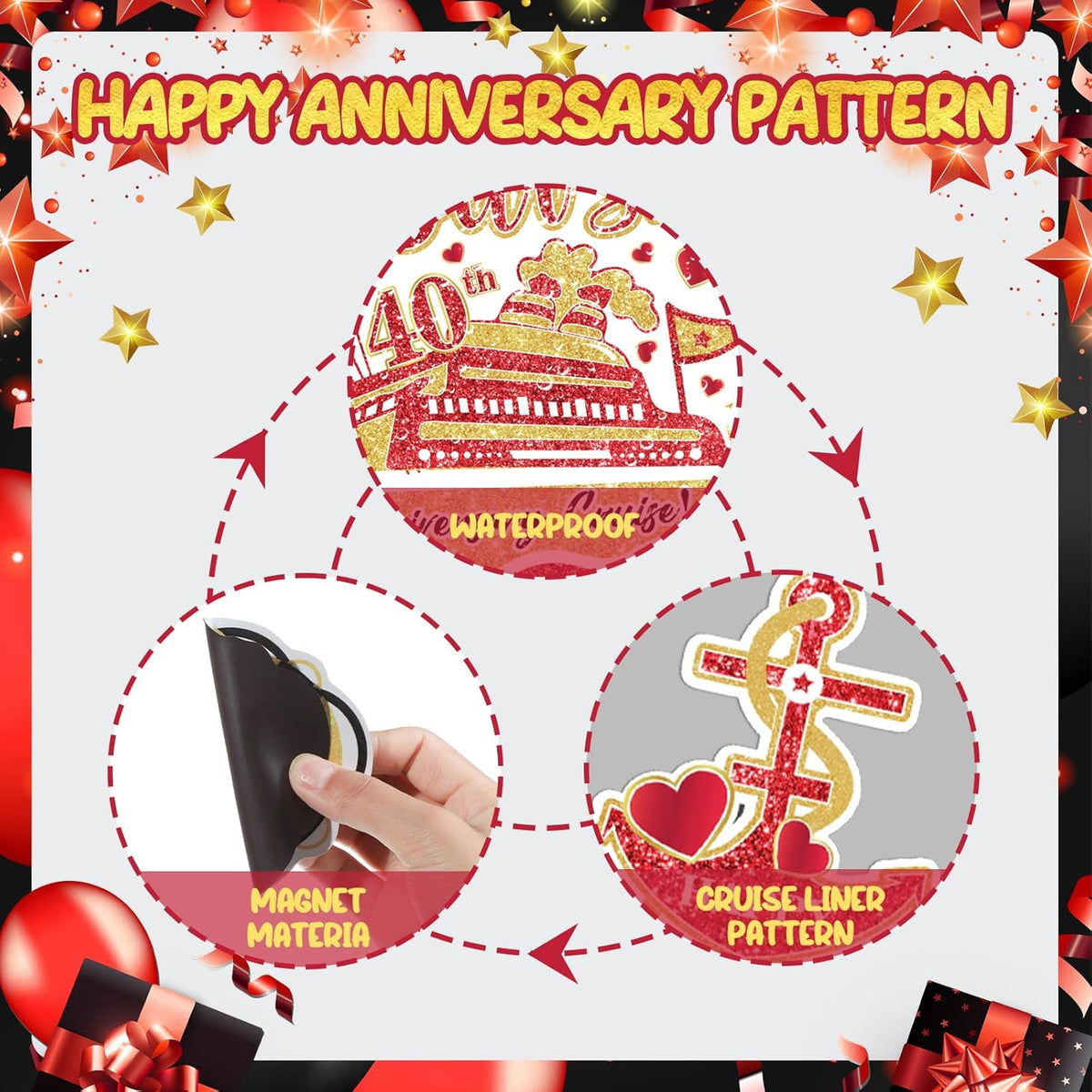 40th Anniversary Cruise Door Magnets Decorations Red Gold Happy 40th Anniversary Cruise Ship Door