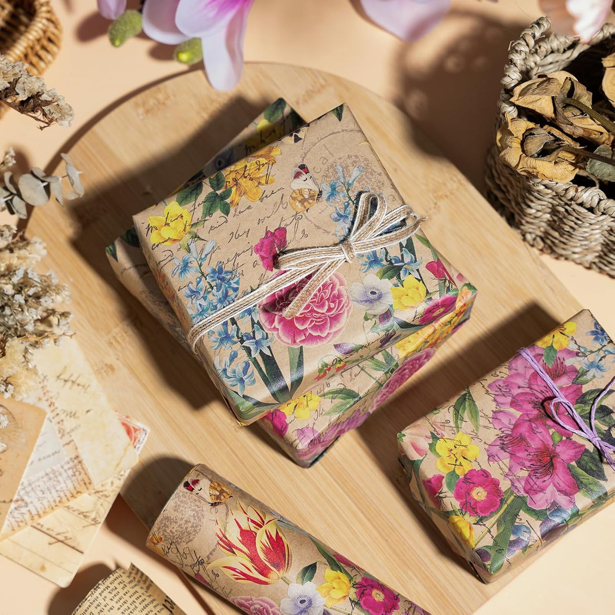WRAPAHOLIC Kraft Floral Wrapping Paper Roll - Mini Roll - 17 Inch x 9.8 Feet - All Occasion Vintage