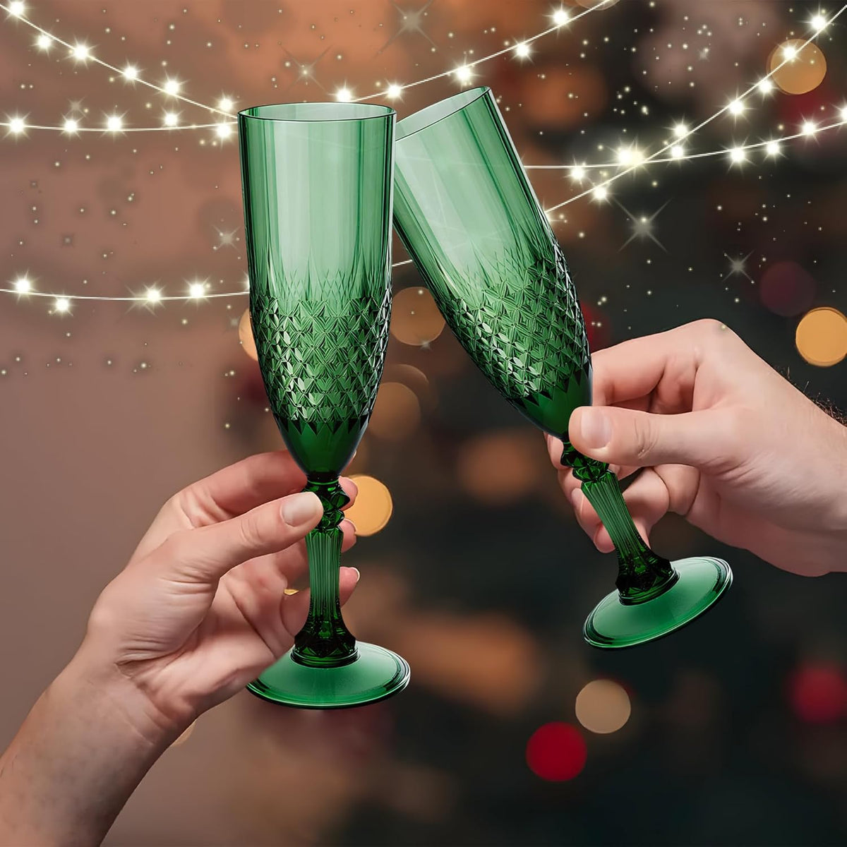 Plastic Champagne Flutes, 48PCS Dark Green Wine Glasses Goblets Cups Reusable Flute, for Christmas