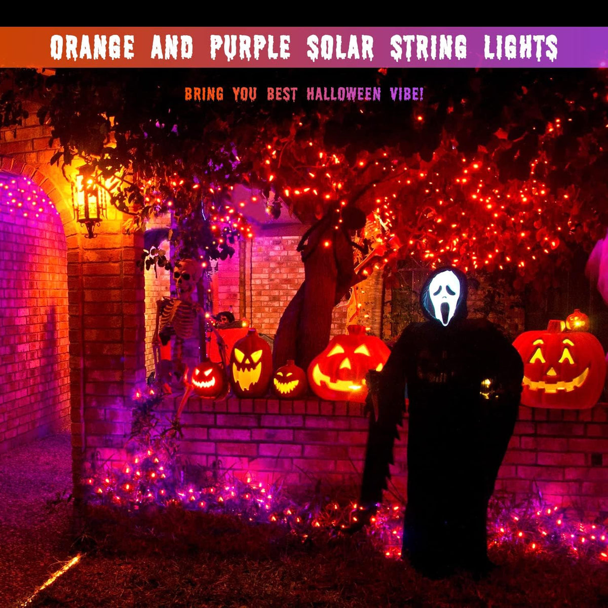 JMEXSUSS Orange and Purple Solar Halloween Lights, 2 Pack 100 Led Color Changing Christmas Lights