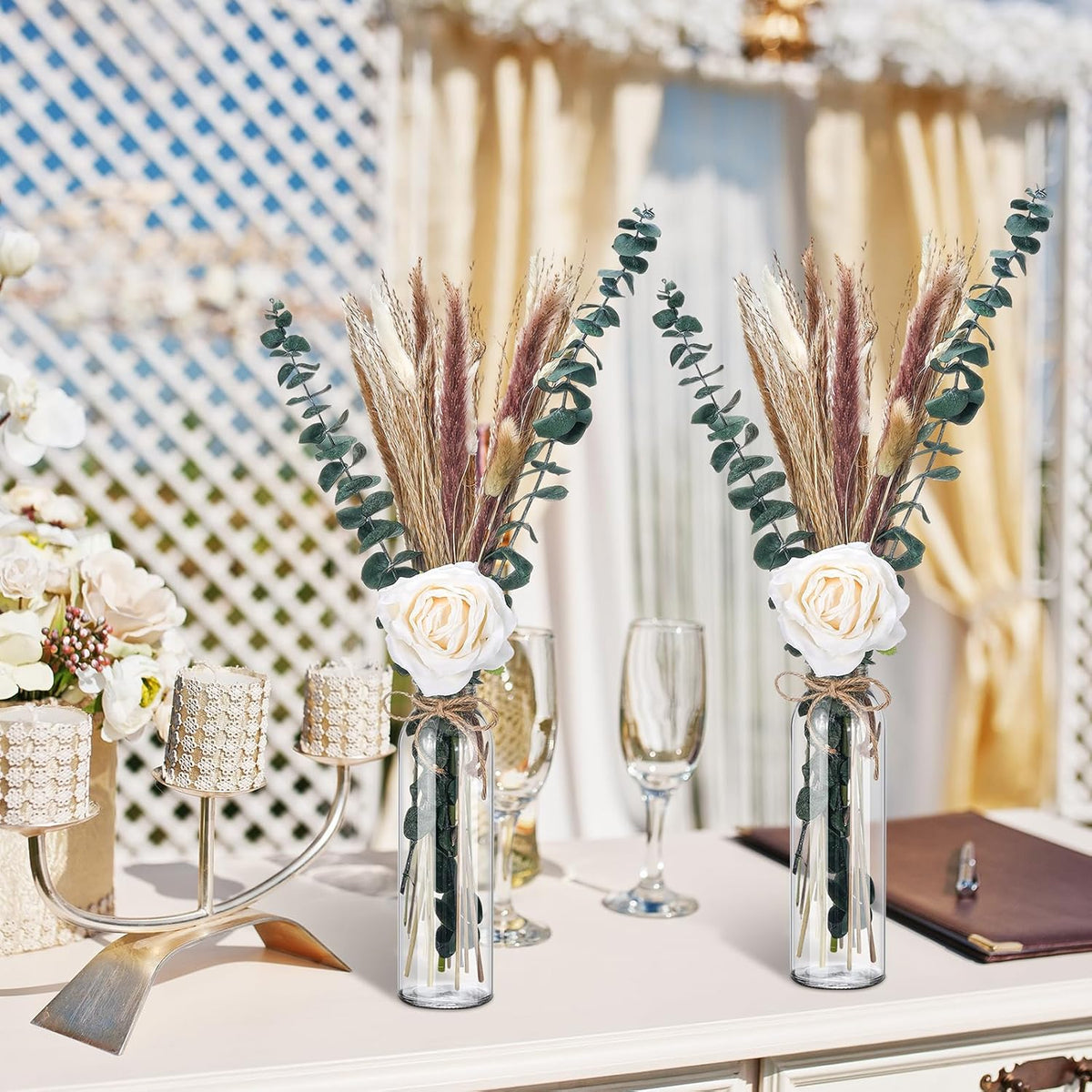 10 Set Dried Pampas Grass Centerpiece for Wedding 10 Clear Glass Jars 10 Artificial Roses 80 Dried