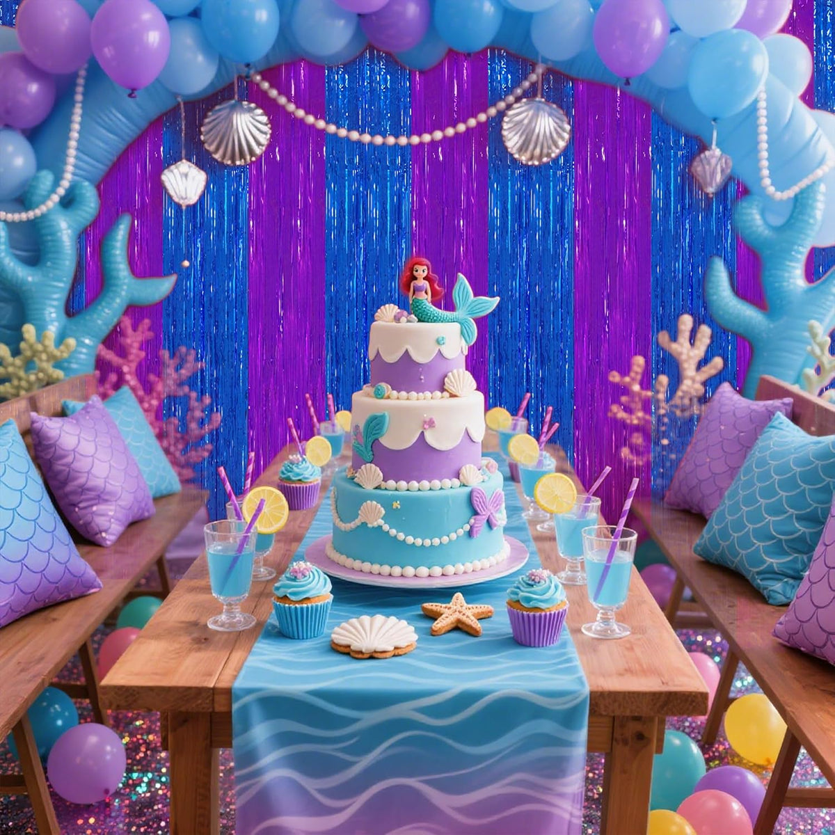 TONIFUL 2Pcs Blue Purple Door Streamers,Green Photo Booth Backdrop,Metallic Streamers Green Foil
