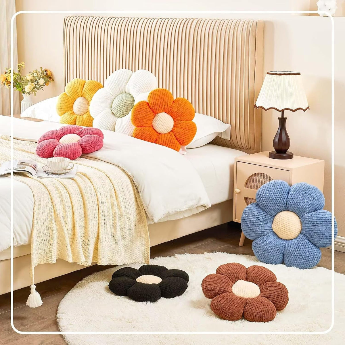 Flower Throw Pillow, Soft Black 17.7" Shaped Floor Pillow for Home Decor, Cute Aesthetic Plush