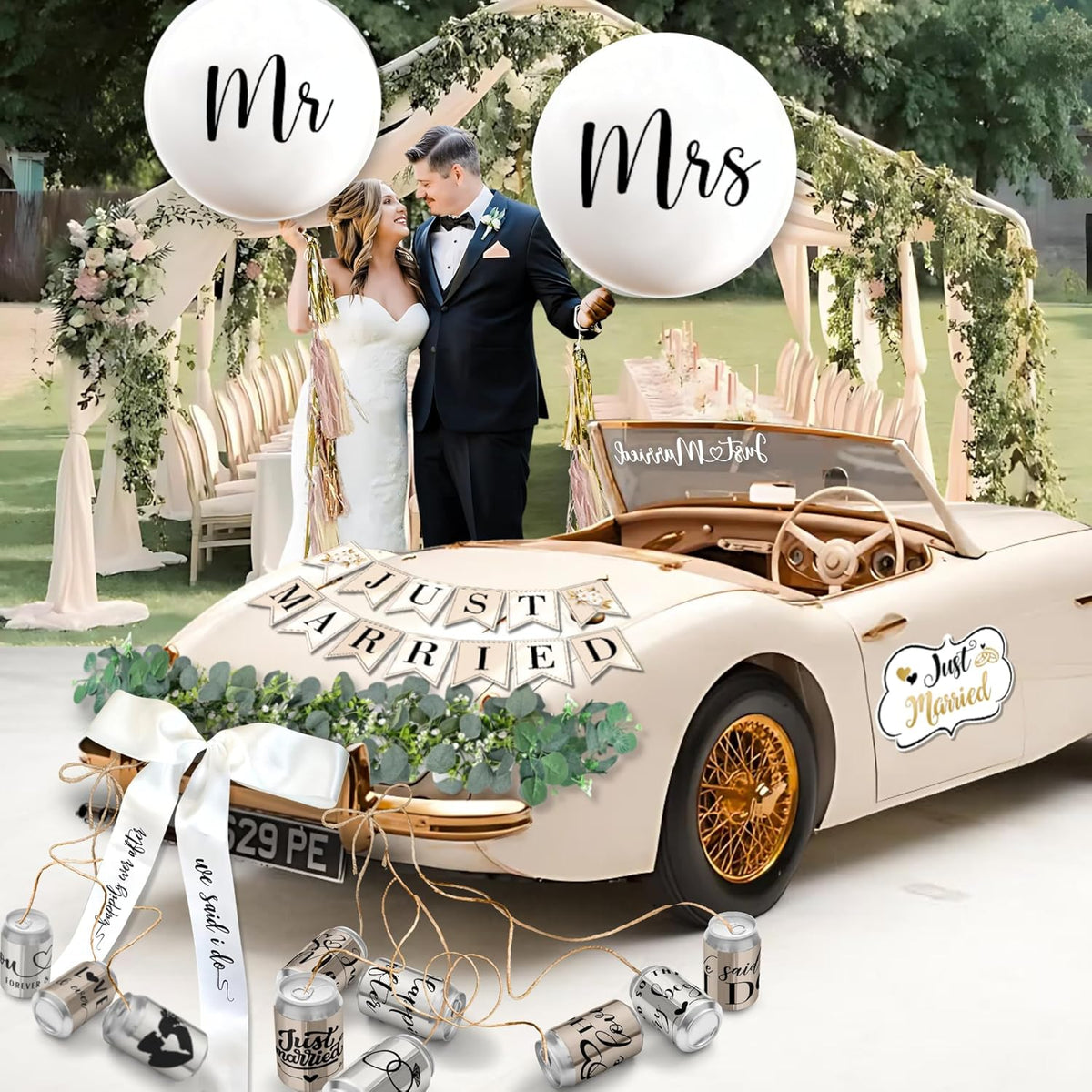 33 Pc Just Married Car Decorations – Wedding Reception & Ceremony Decor – Banners, Stickers &