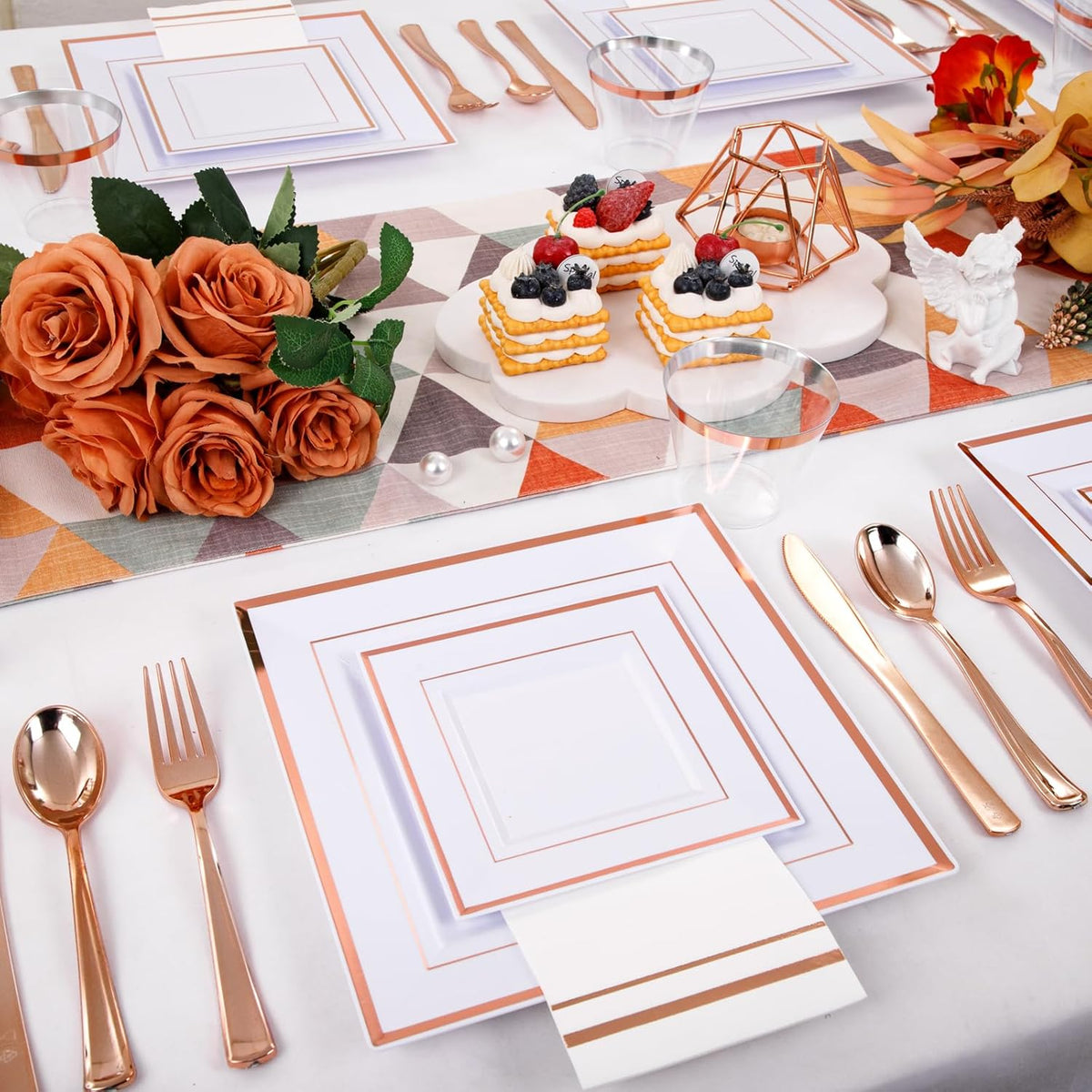 Festiva 350Pcs Rose Gold Plates and Napkins Party Supplies-Square White and Rose Gold Disposable