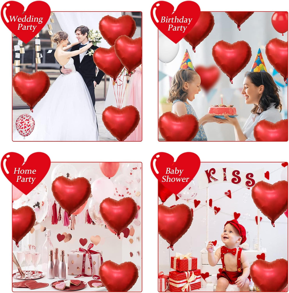 Biapian Red Heart Balloons, 10PCS 18inch Metallic Red Foil Heart Shaped Balloons for Helium