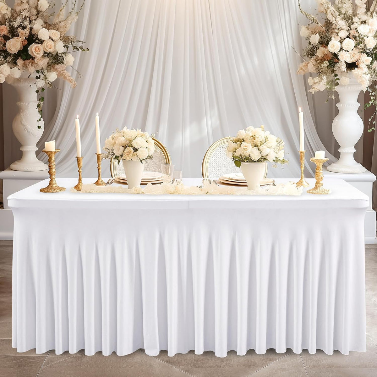 6 Pack White Spandex Table Clothes for 8 Foot Rectangle Tables, 8FT Wrinkle Free Fitted Tablecloths