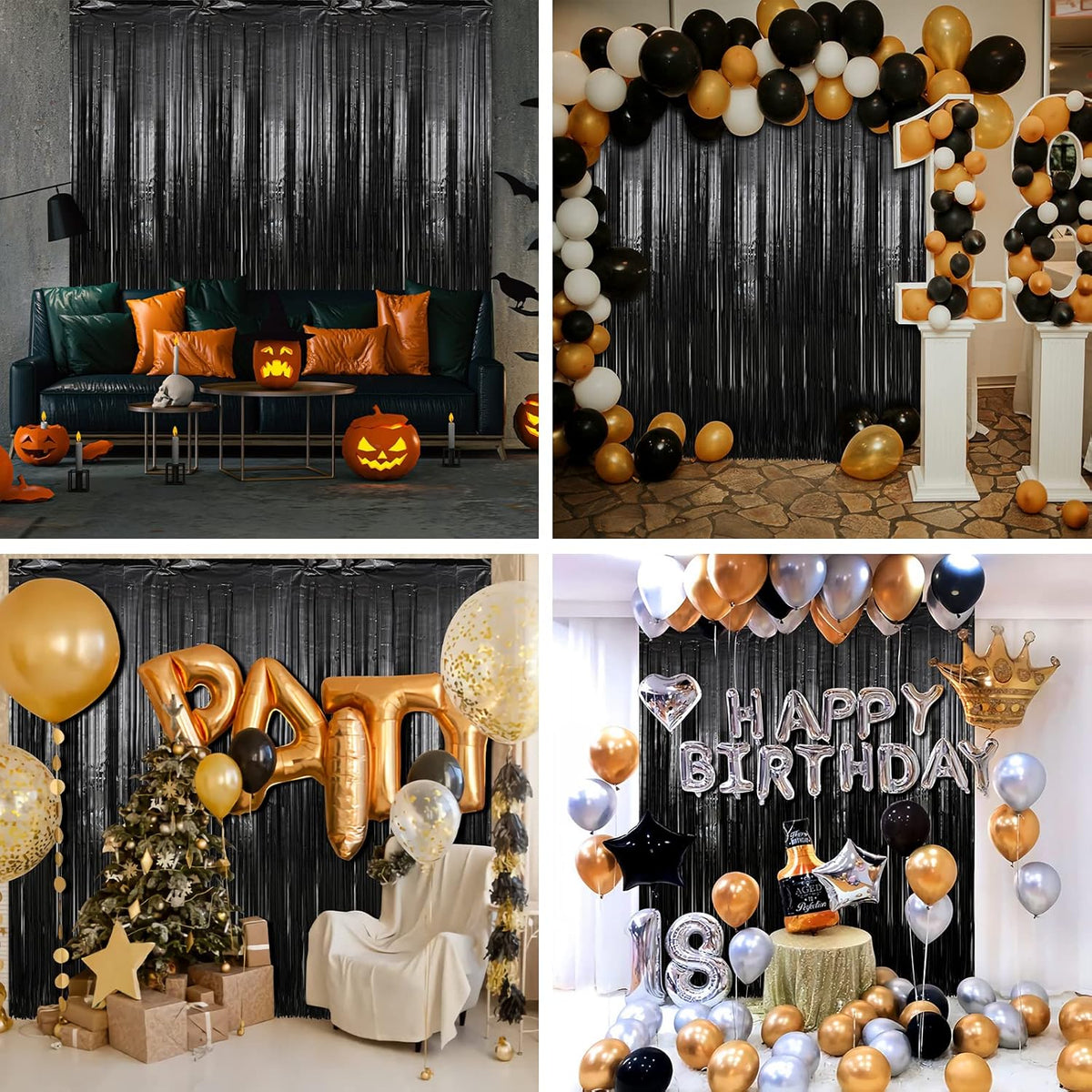 Crosize 4 Pack 3.3 x 9.9 ft Black Foil Fringe Backdrop Curtain, Streamer Backdrop Curtains