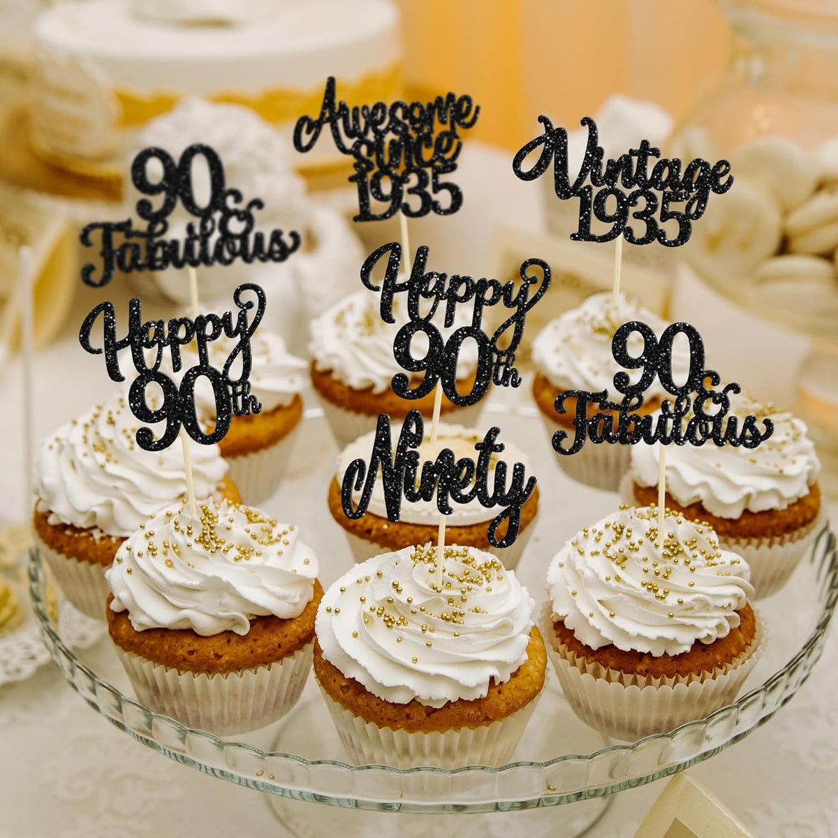 30Pcs Happy 90th Birthday Cupcake Toppers Glitter Awesome Since 1935 Ninety 90 Fabulous Vintage
