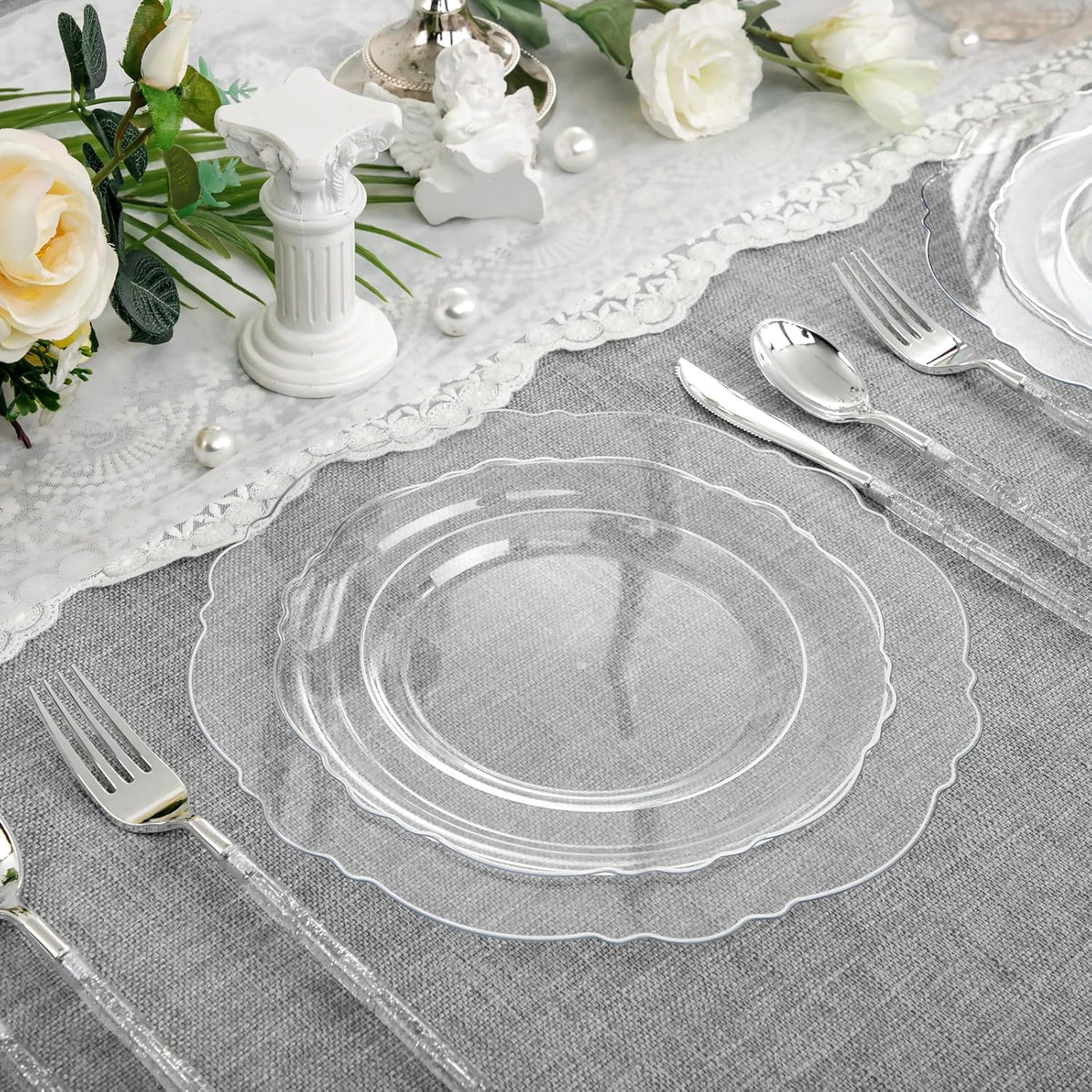 Liacere 150PCS Clear Silver Plastic Plates & Disposable Silver Plastic Silverware with Glitter
