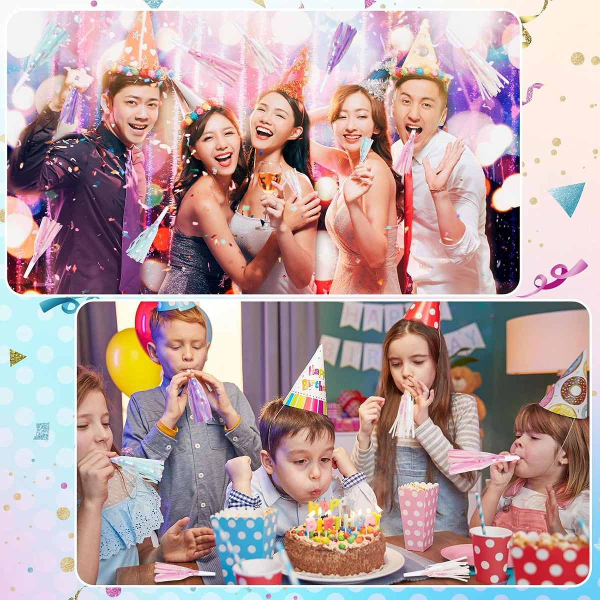 24 pcs Party Blowers, Noise Makers Glitter Metallic Fringed Party Horns for Birthday Blow Horns