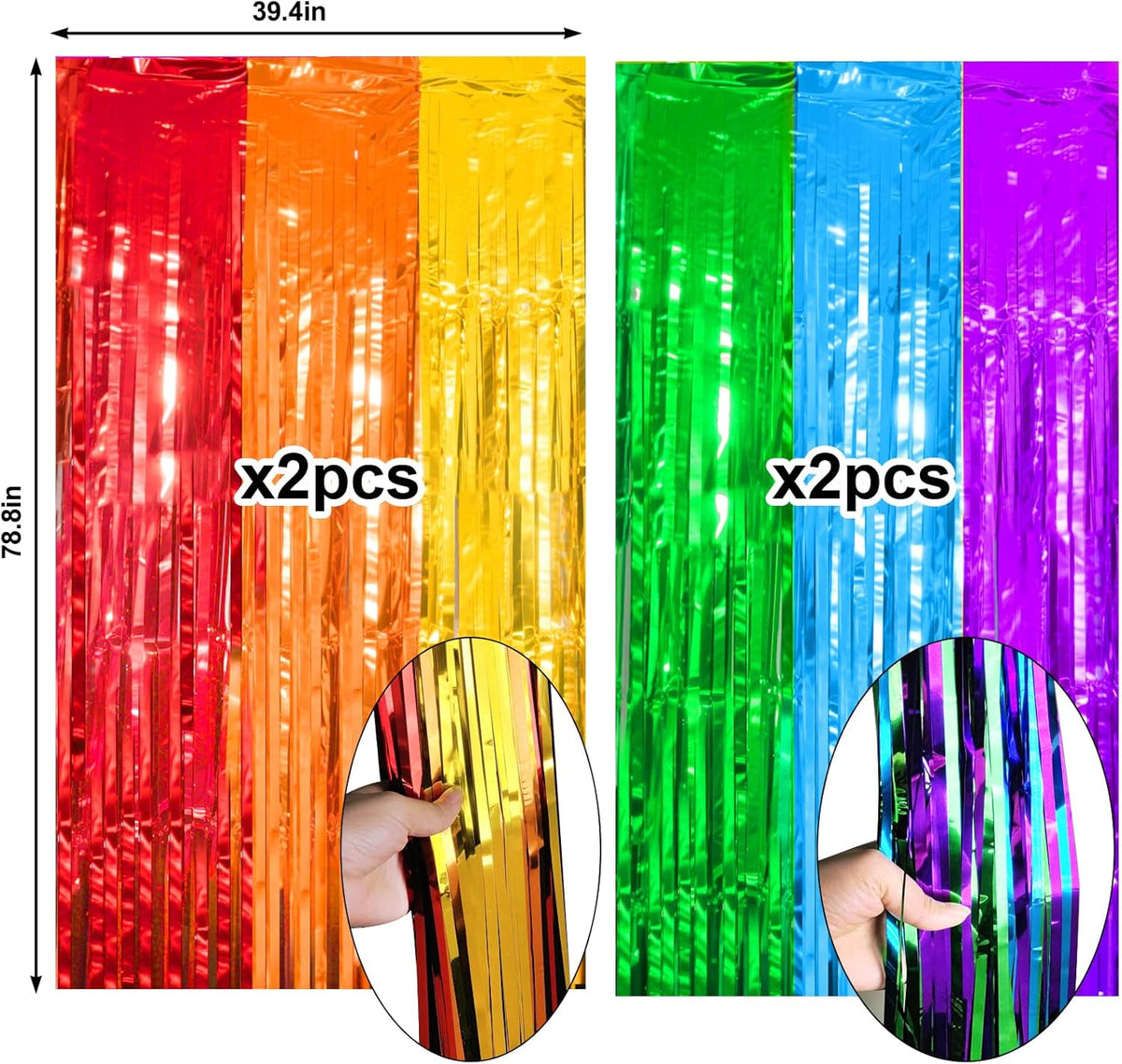 4 Packs Rainbow Foil Fringe Curtain, Assorted Color Metallic Tinsel Backdrop for Birthday, Baby