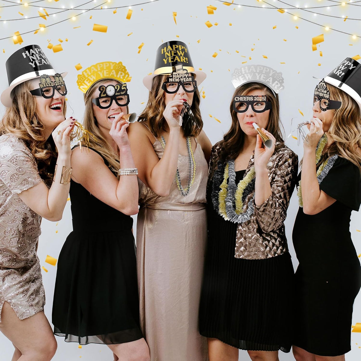 Fovths 264 Pieces 2025 New Years Eve Party Supplies Includes Glasses Top Hats Headband Noisemakers
