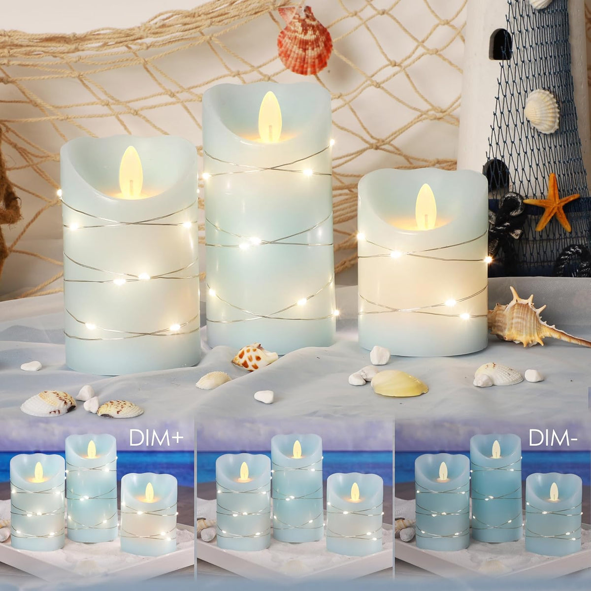 Silverstro Nautical Flameless Candles with String Lights Flickering Blue Battery Operated Candles