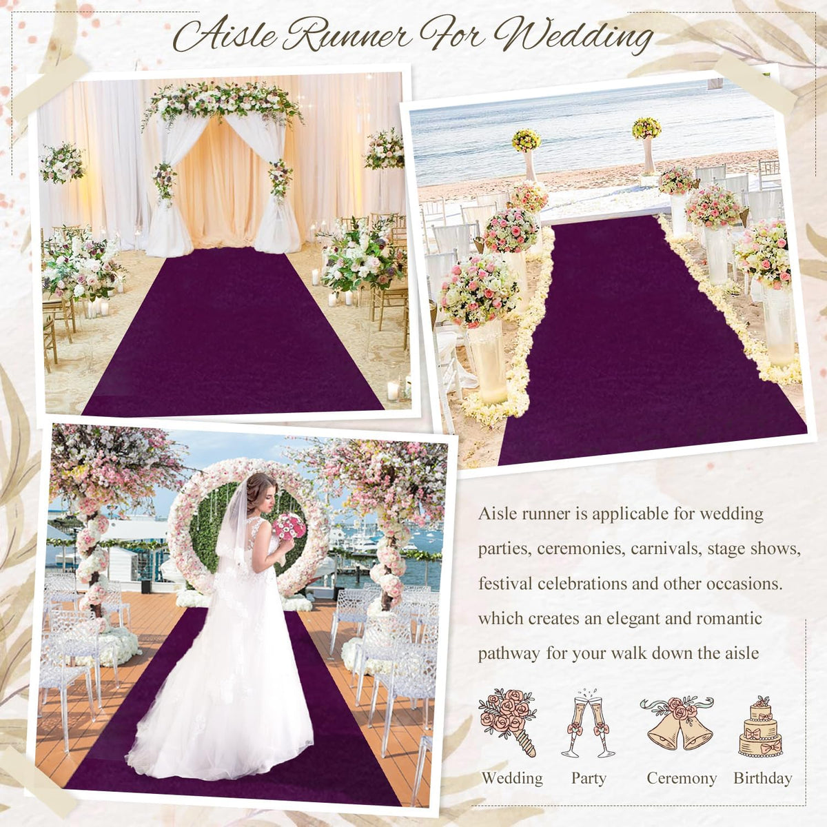 MODFUNS Wedding Aisle Runner Purple Velvet Aisle Runners 4x30ft Carpet Runner for Party Vintage