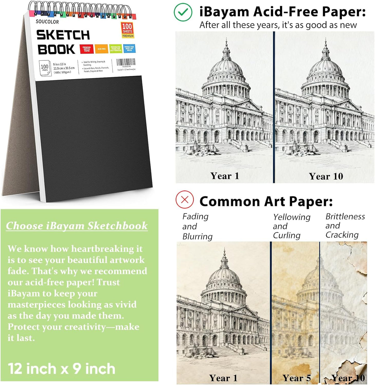 Soucolor 9" x 12" Sketch Book, 1-Pack 100 Sheets Spiral Bound Art Sketchbook, (68lb/100gsm) Acid