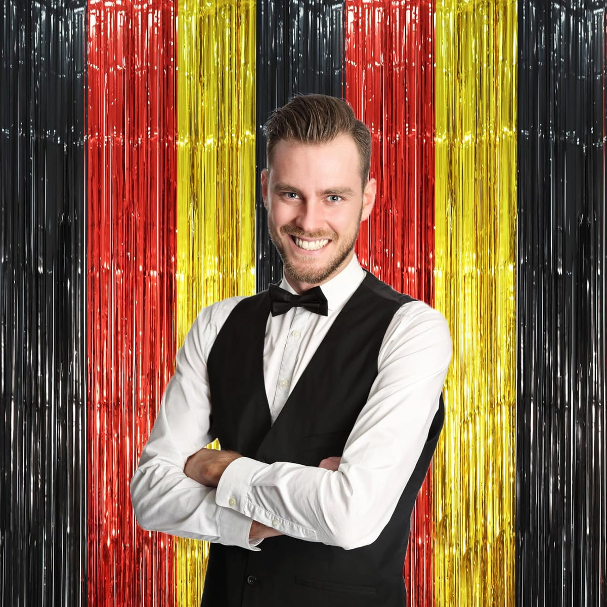 2 Pack Red Black Gold Foil Fringe Backdrop Curtains, Tinsel Streamers Party Decorations, Fringe
