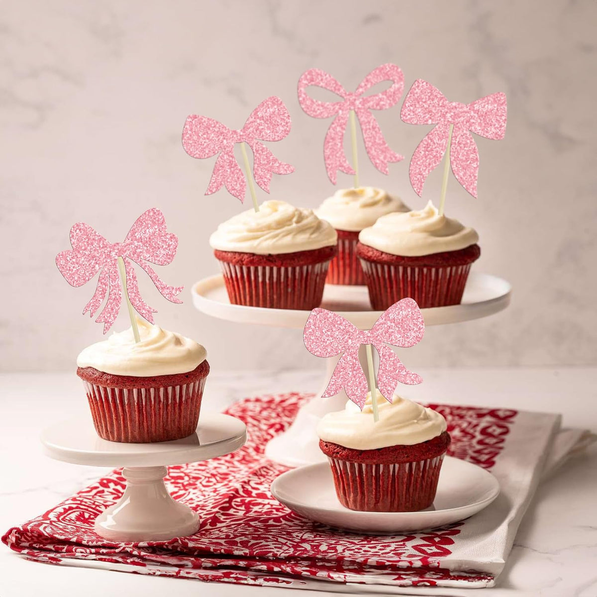 Gyufise 36Pcs Bow Cupcake Toppers Glitter Girls Birthday Decorations Bowknot Cupcake Picks Bow Tie