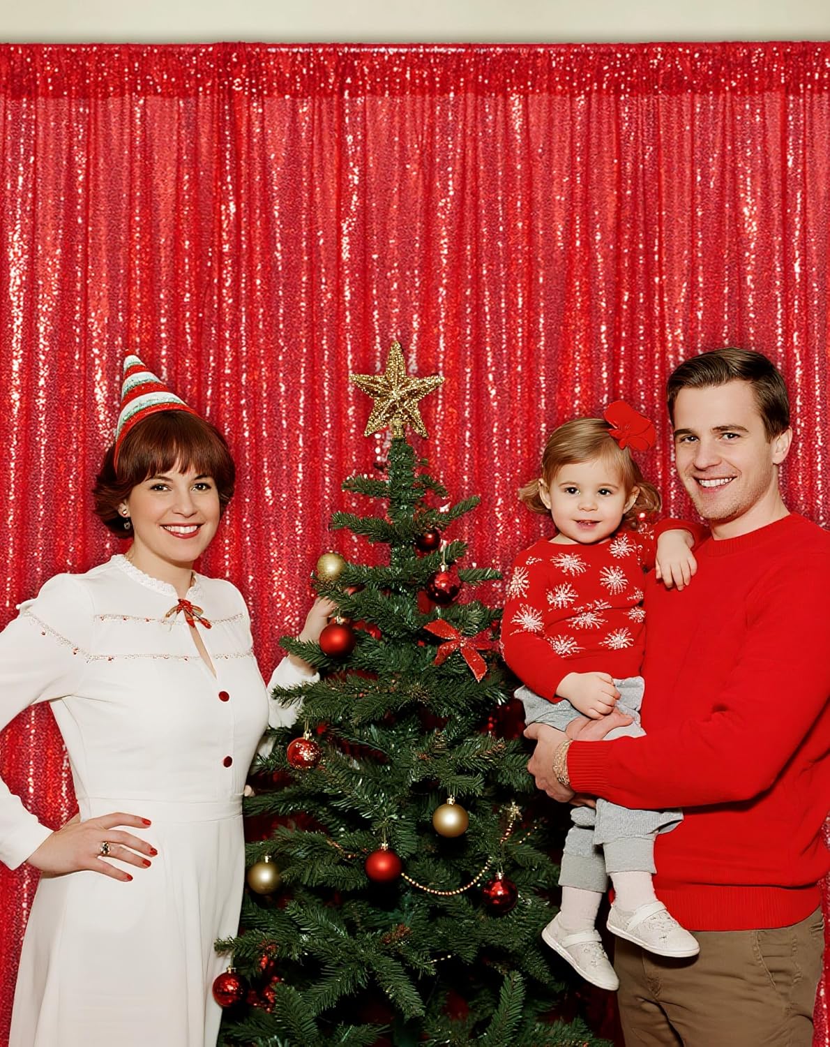Eternal Beauty Red Sequin Backdrop, 8x8 Ft Glitter Background Curtains for Christmas Shimmer