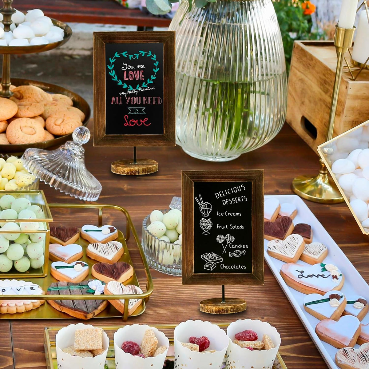 MyGift Set of 2, 12 Inch Chalkboard Sign with Burnt Wood Rectangular Frame and Round Base, Rustic