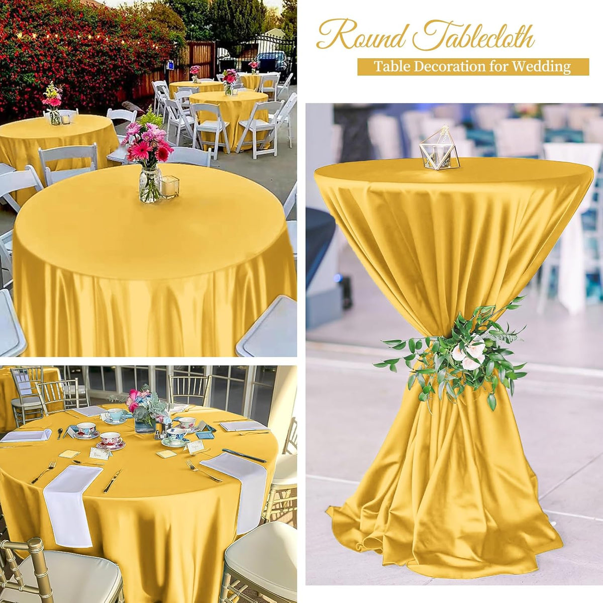 12 Pack 120 Inch Gold Satin Tablecloth - Premium Bright Silky Round Tablecloth Overlay Smooth