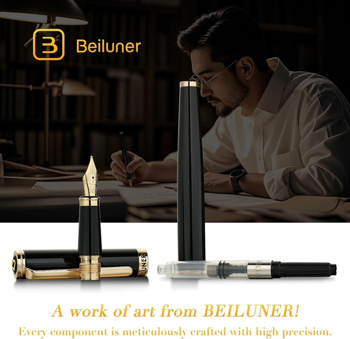 BEILUNER Black Fountain Pen,Stunning Luxury Pens with 24K Gold Accents, Gorgeous 24K Gilded
