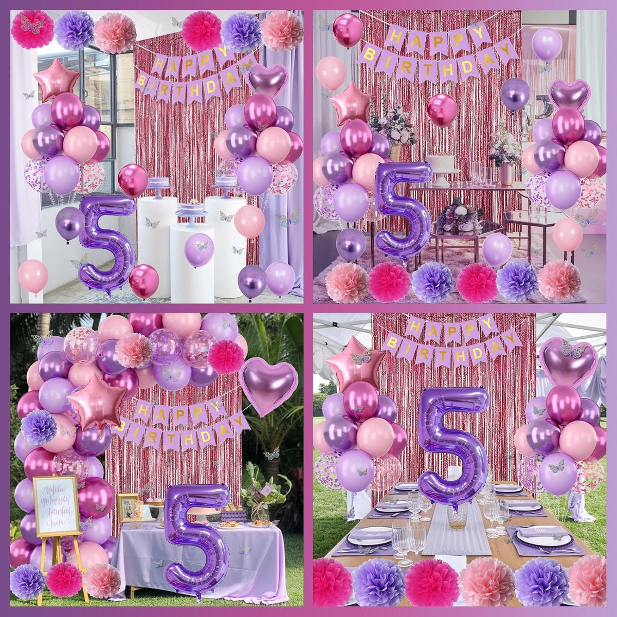 Pink Purple 5th Birthday Party Decorations for Girls Number 5 Balloon Happy Birthday Banner