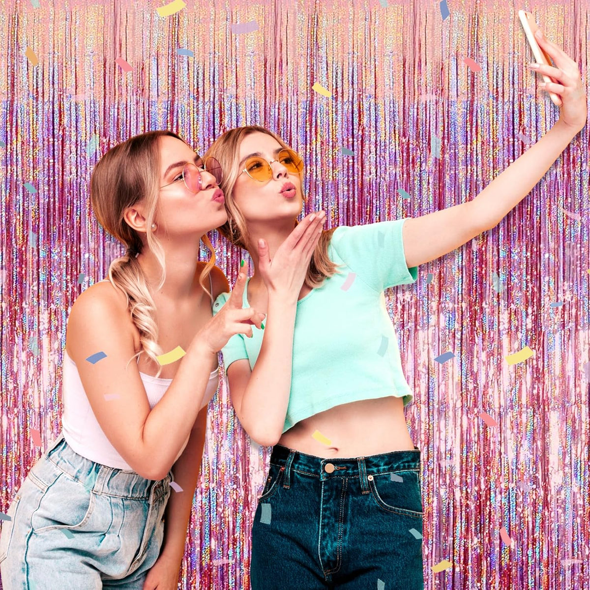 3 Pack Rose Gold Foil Fringe Curtain Backdrop, 3.28Ft x 8.2Ft Metallic Tinsel Foil Fringe Streamer