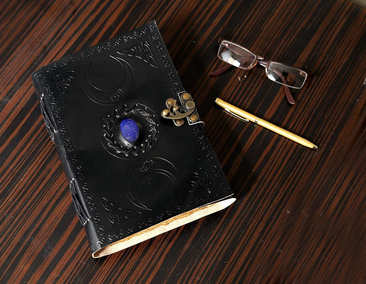 cuero 3 Moon Blue Lapiz Embossed Vintage Leather Journal | 240 Pages of Antique Handmade Deckle