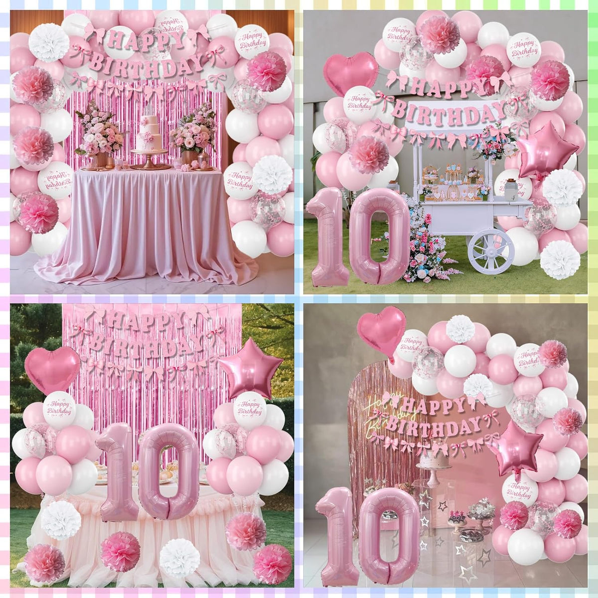 10th Birthday Decorations for Girls Pink Number 10 Balloon Bow Coquette Happy Birthday Banner