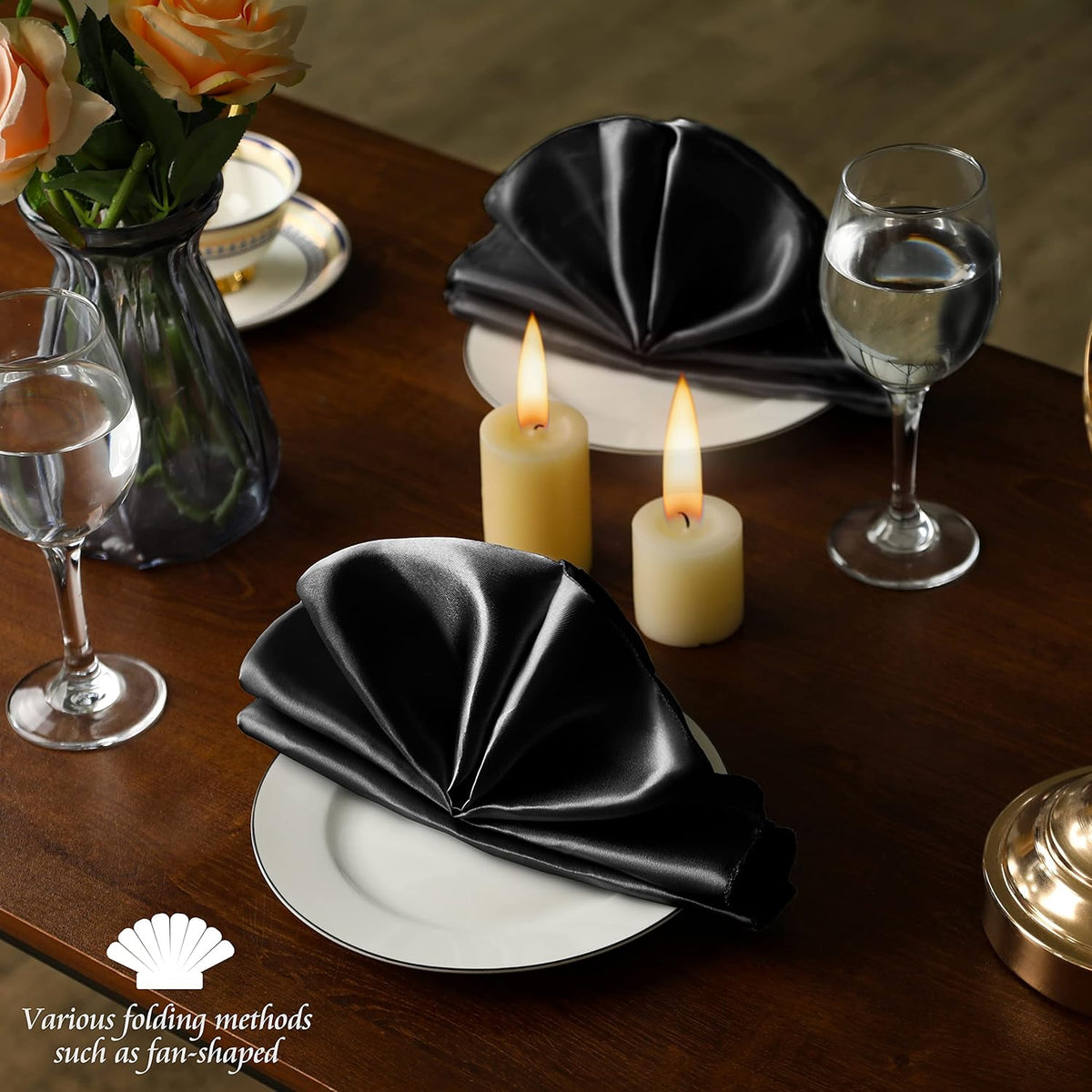 Manyshofu 50 Pieces Black Satin Napkins - 12x12 Inches Cloth Napkins, Square Satin Fabric Napkin