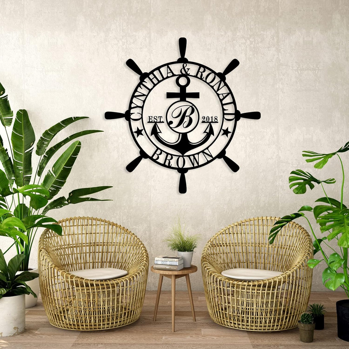 Customized Family Name Sign, Nautical Wall Decor, Anchor Compass Metal Sign, Initial Split Letter