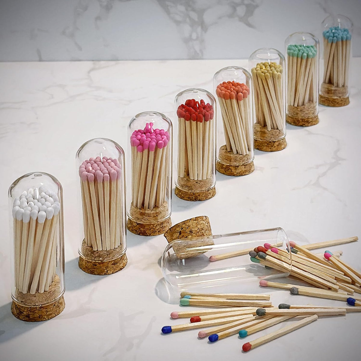 2" Matches in 3 Mini Glass Cloche Jars + Striker Stickers Included | 100 Matchsticks Color of Your