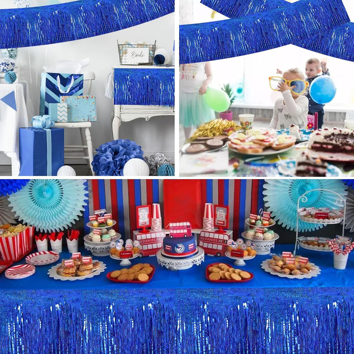 BEISHIDA 3 Packs Metallic Foil Fringe Garland Laser Blue Wall Hanging Tinsel Fringe Banners for Car