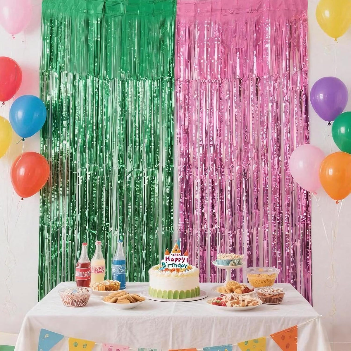 CANREVEL 2 Pack 3.3x6.6 Feet Pink and Green Foil Fringe Backdrop Curtains, Tinsel Streamers for